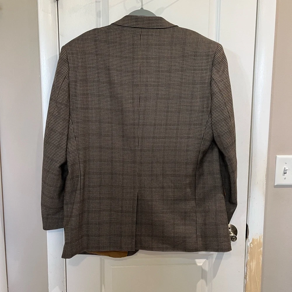 Alan Flusser Worsted Wool Houndstooth Blazer Jacket Sz 46R Tan/ Brown Academia